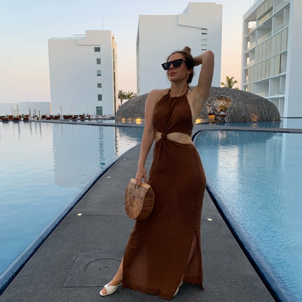 Brown tie knot halter vacation dress